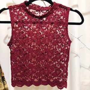 Burgundy Mock Neck Lace Top